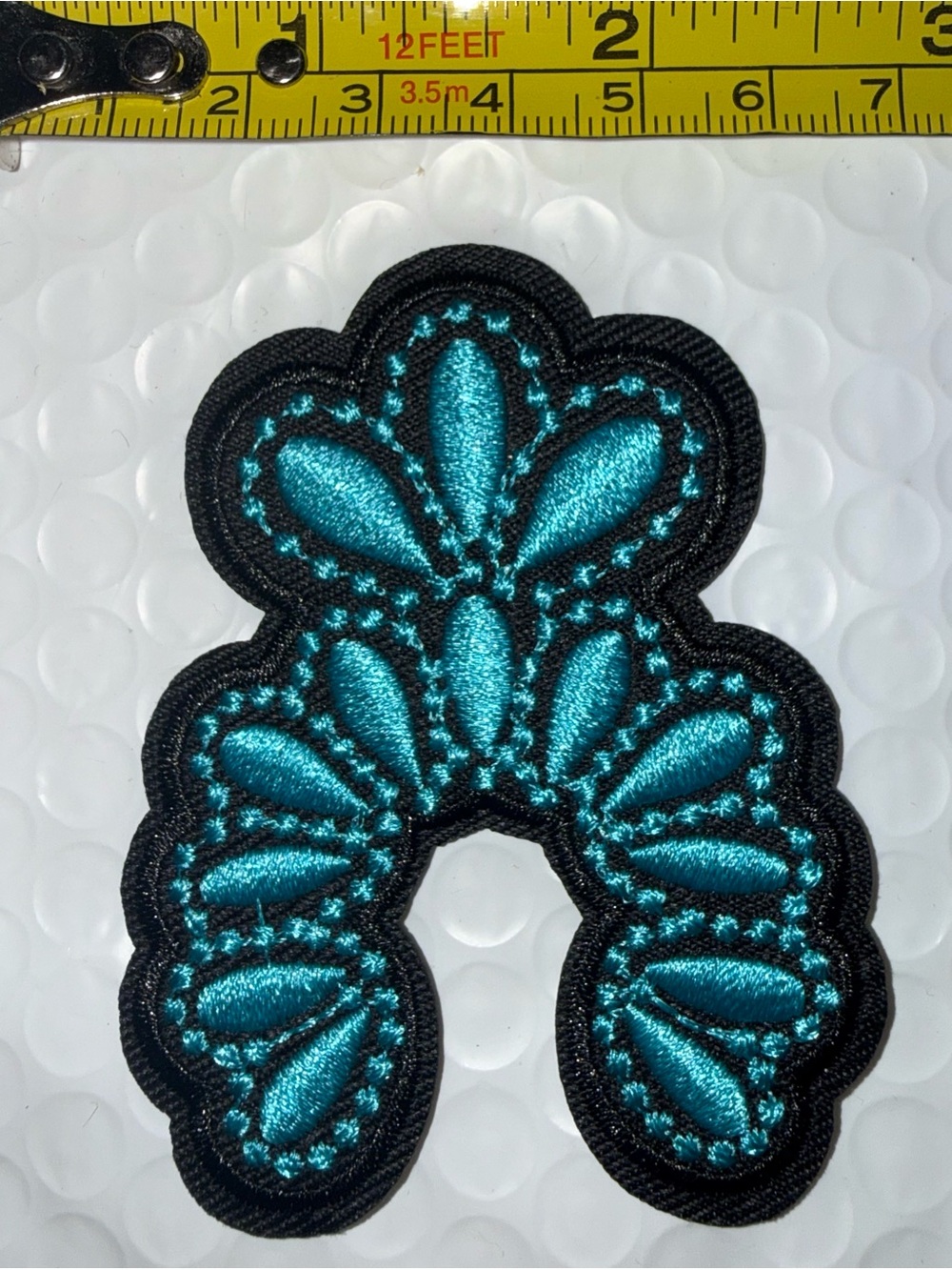Turquoise and Black Native American Squash Blossom Embroidered Applique Patch
